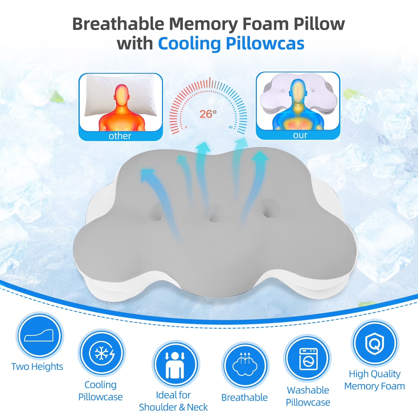 Cervical Neck Pillow, Pillow for Neck Pain Relief, Memory Foam Neck Pillow, Adjustable Cervical Pillow Cozy Sleeping, for Neck and Shoulder Pain Relief, Queen Gray, Adult, 15"Lx7"W, 3.08 Lb