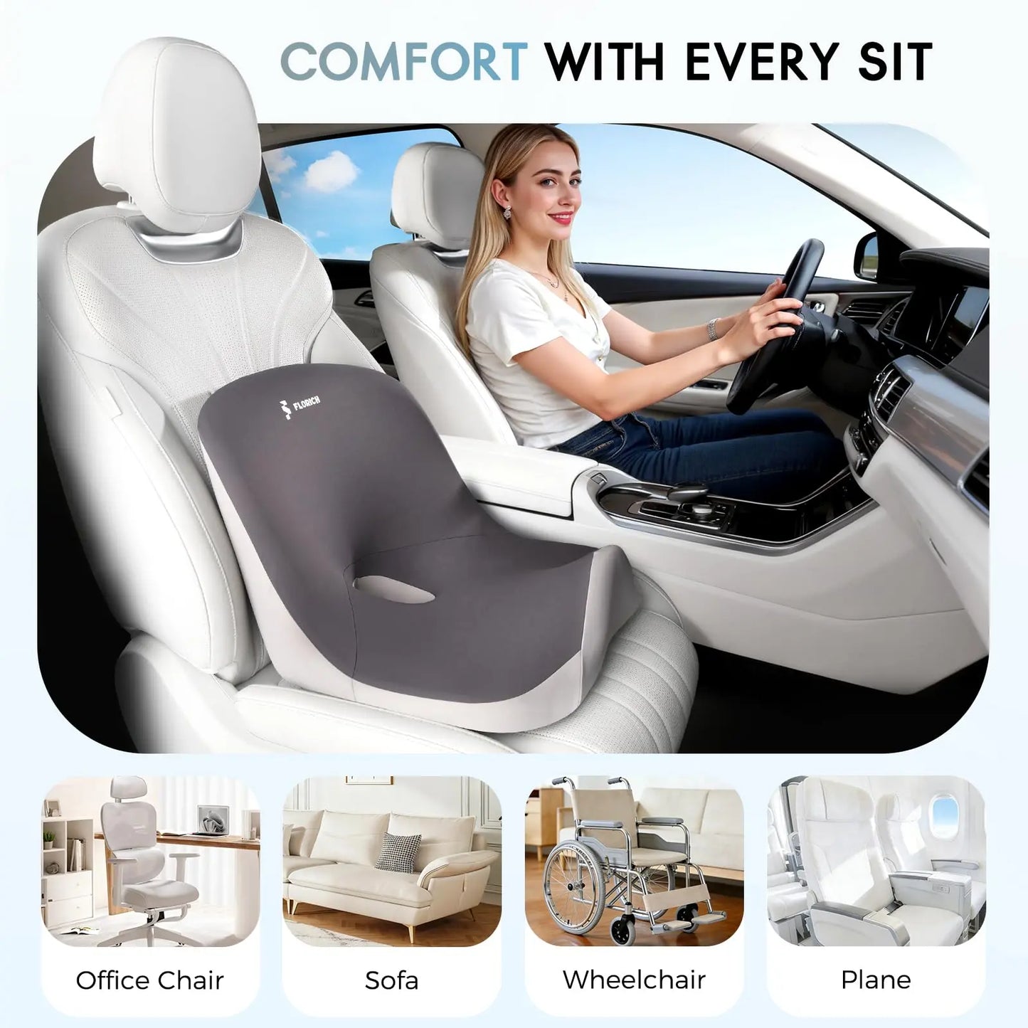 Relieve Back Pain! Ergonomic L-Shaped Car Seat & Lumbar Cushion Set